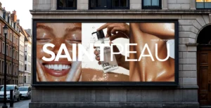 Outdoor billboard displaying a Saint Peau skincare advertisement with three panels showing skin and a toner bottle.