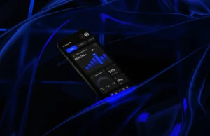 Smartphone displaying a finance app with a blue investment portfolio interface on a dark blue background.