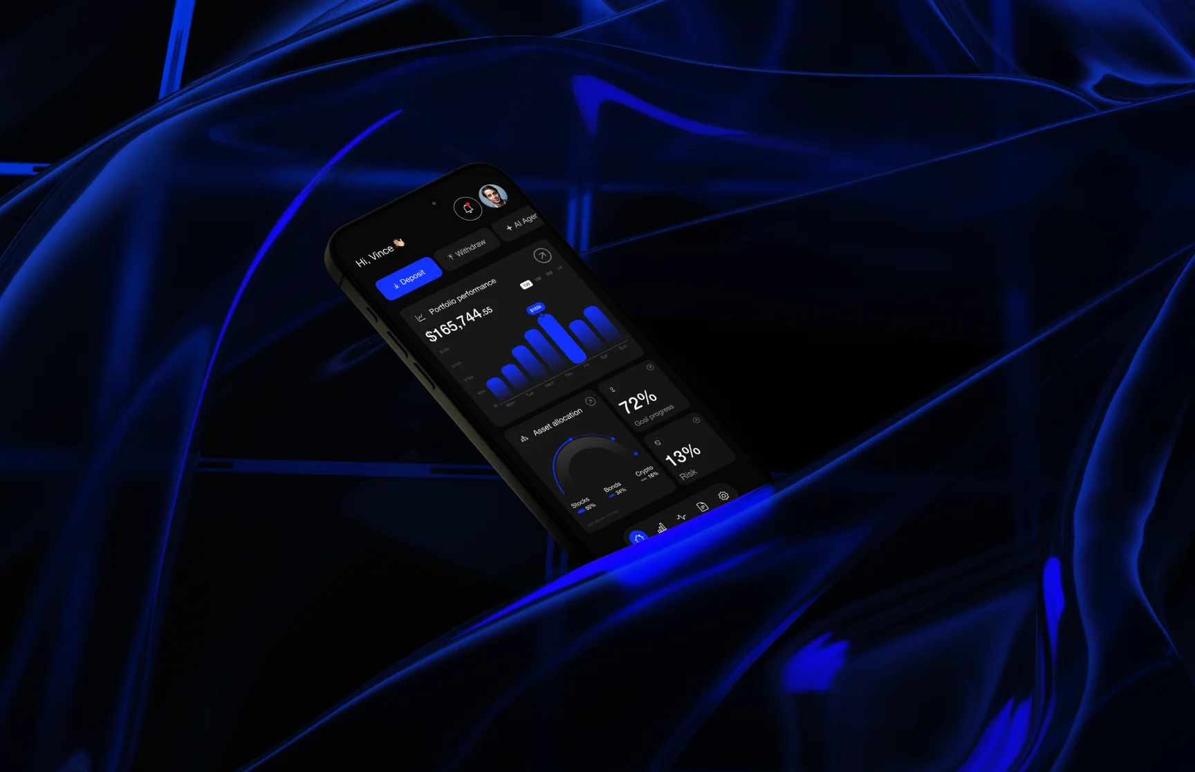 Smartphone showing the Assetico investment portfolio screen against a deep blue background