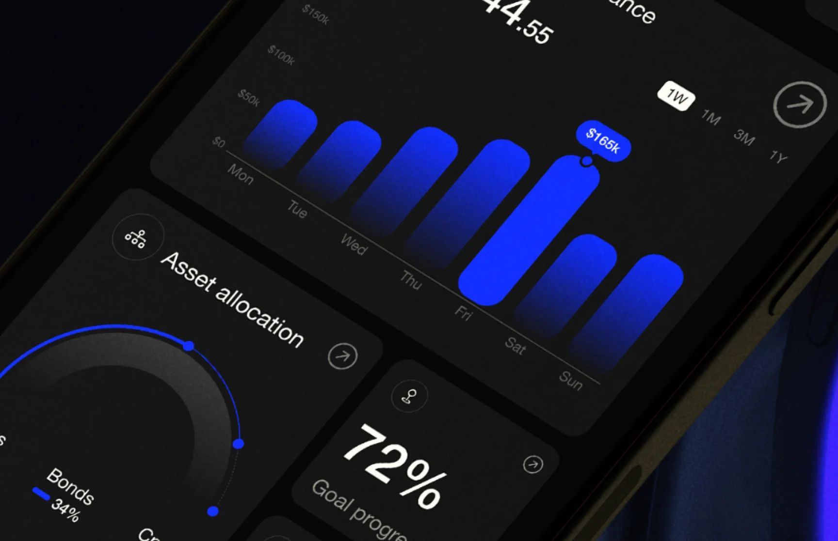 Assetico mobile dashboard in dark mode with blue charts, asset allocation and goal progress