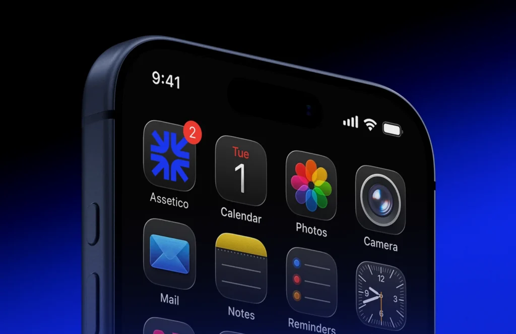 Smartphone screen displaying dark-themed app icons including Assetico