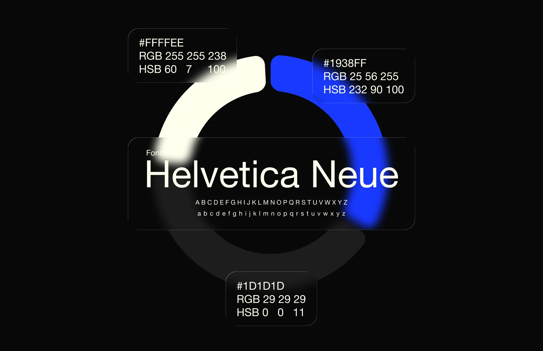 Assetico style guide with Helvetica Neue specimens and electric blue, near-black and cream color swatches