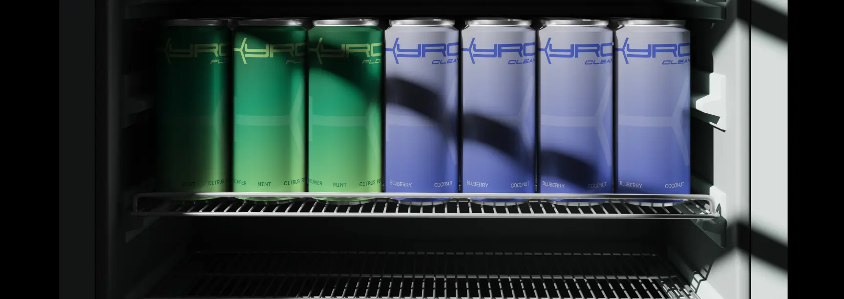 Green and purple KYRO cans with vertical logotypes on a refrigerator shelf