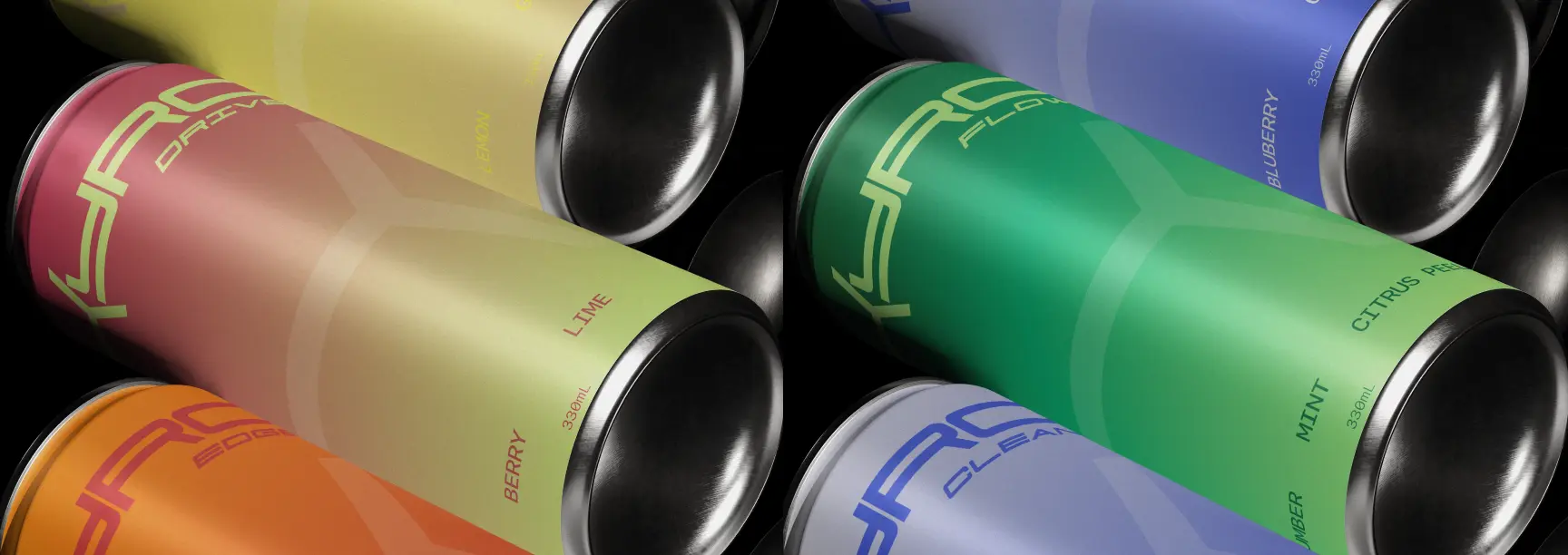 The KYRO range of gradient cans lined up against a black background
