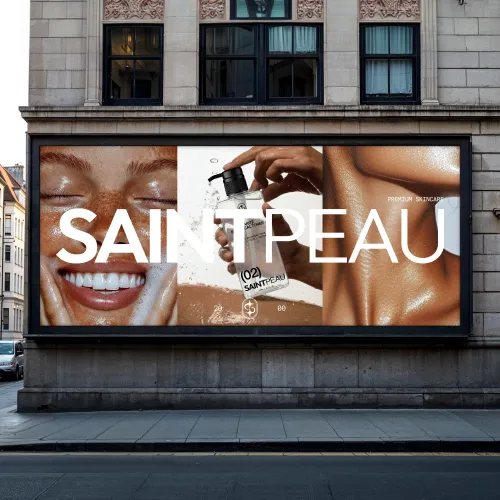 Large Saint Peau skincare billboard on a city street showing models and a product.