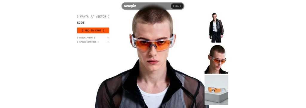 Display stand showing the Vanta eyewear website featured collection