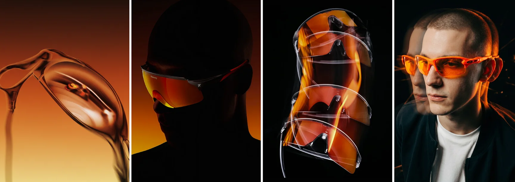 Four panels of translucent orange VANTA sports sunglasses and models, shot in dramatic low light