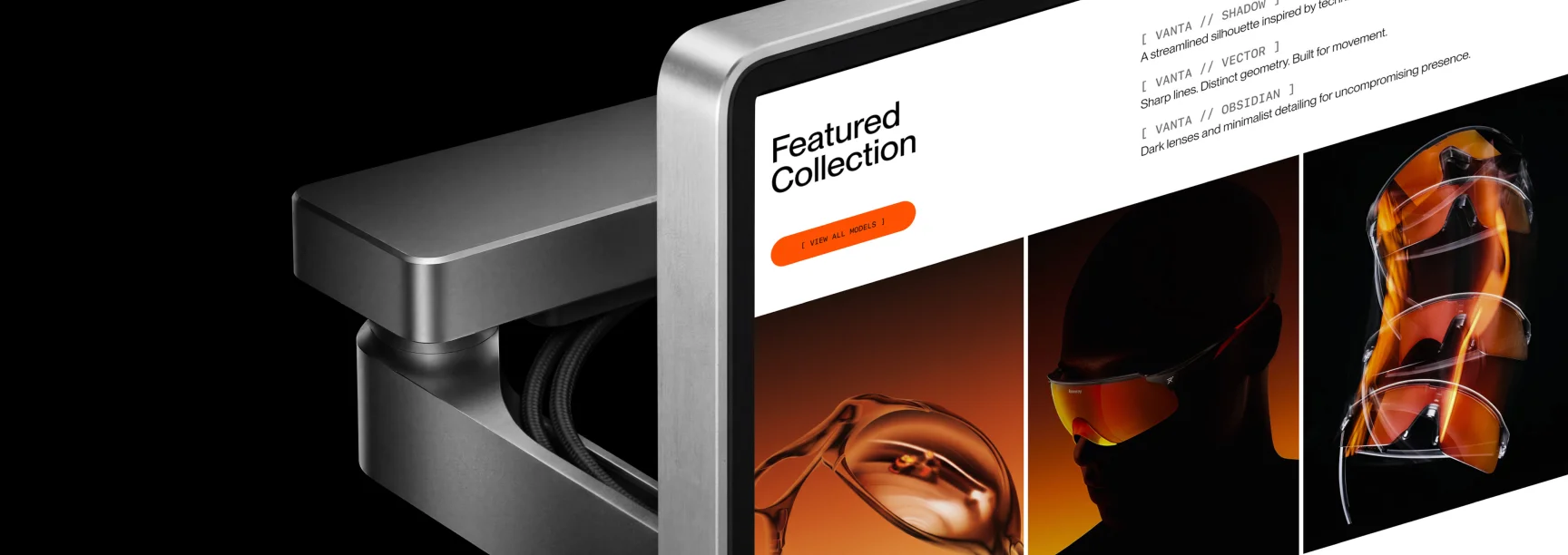 Vanta Eyewear website on a sleek metal display stand, showing the Featured Collection