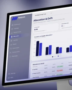 Computer monitor displaying the Meridian Private Wealth dashboard showing asset allocation charts and rebalance details.