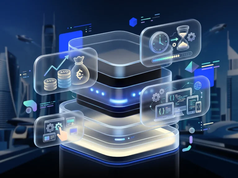 Futuristic 3D data server with glowing blue holographic screens showing financial charts, clocks, and code.