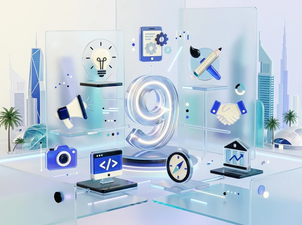 3D illustration of a glowing number nine surrounded by business, tech, and design icons on glass panels against a Dubai