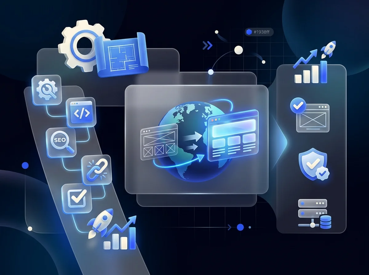 3D infographic showing website redesign steps, including SEO, coding, globe, security, and hosting icons on dark blue.